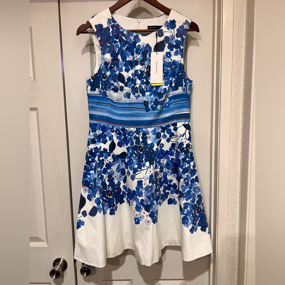 NWT KAREN MILLEN BLUE FLORAL FIT & FLARE DRESS SIZE 10